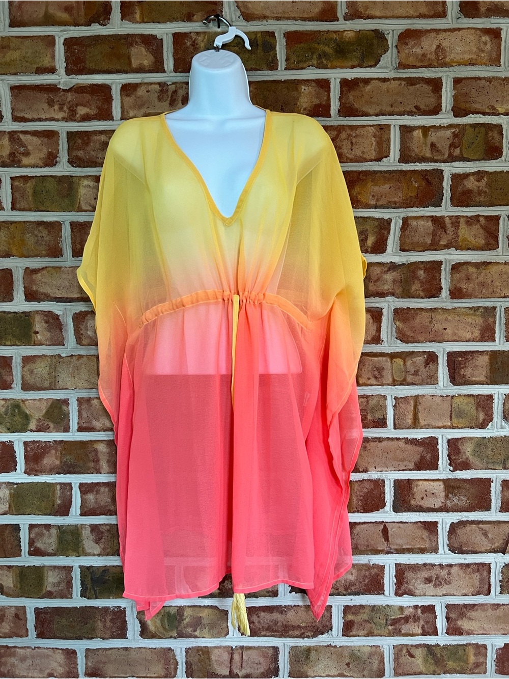 Sheer Ombre Yellow to Coral Swim Coverup with Drawstring. S/M